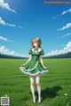 A girl in a green dress standing in a field.