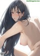 Anime girl with long black hair is posing naked.